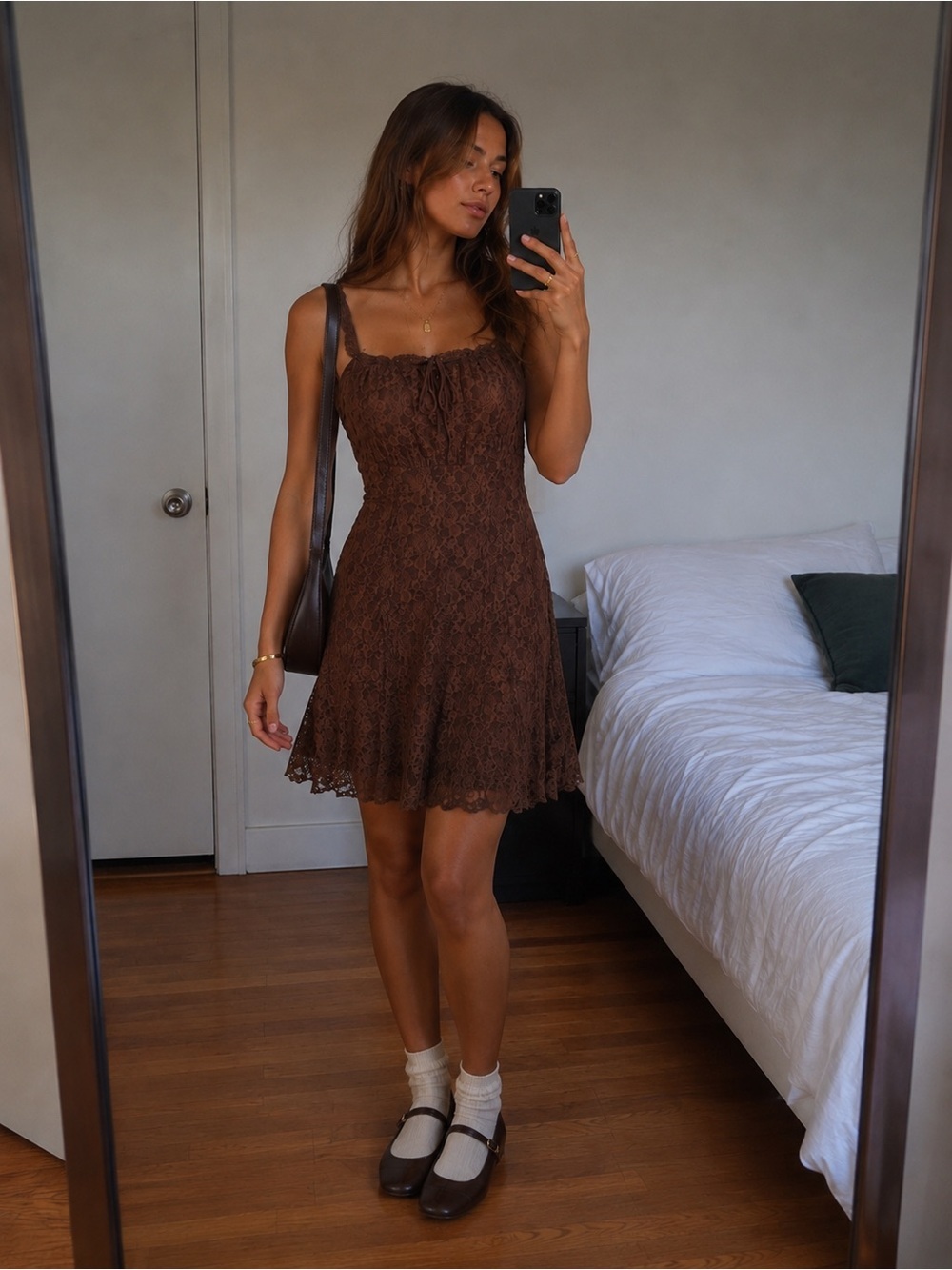 Y2K Brown Lace Slip Dress Lace Up Milkmaid Corset Style Bodice